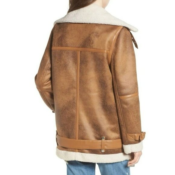 AVEC LES FILLES Coat Worn On TV Eden McCoy Camel Faux Shearling Jacket Moto XS - Picture 2 of 16